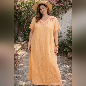 Harve Bernard by Bernard Holtzan Linen Maxi Dress Lagenlook Embroidered Size 18W